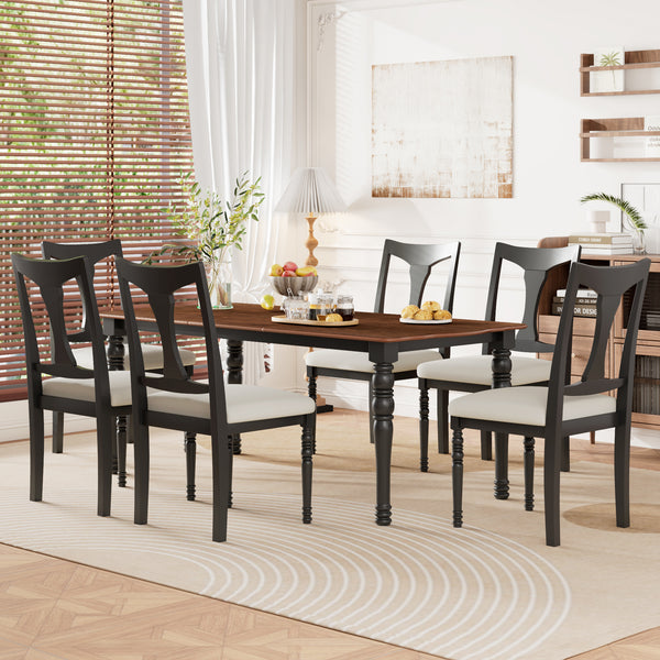 7-Piece Dining Table Set, 60inch to 78inch Extendable Wood Dining Table with Removable Leaf, Kitchen Table Set with 6 Upholstered Side Chair, Dining Table Set for 6