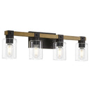 4-Light Farmhouse Vanity Light in Black and Brick Yellow with Antique Wood Texture, Clear Glass Shades, Metal Frame, 27.4in W x 7.5in H