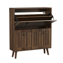 Mid-Century Modern Shoe Cabinet with Vertical Grooved Finish, Walnut-Colored Storage Unit, 31.5-Inch Tall, Ideal for Hallways and Entrances