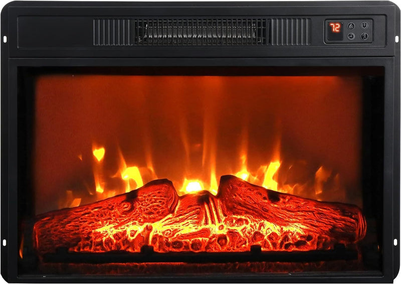23' Electric Fireplace, 3DInfrared Black Fireplace Electric Insert Heater, with IR Remote Control, Glass View, Adjustable Realistic Logs & Flames, Indoor, 1400W