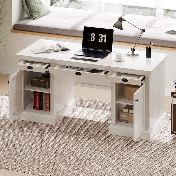 67''Modern Executive Desk,Computer Desk with 2 Storage Cabinet and 3 Drawers, Rectangle Home Office Desk with back ,Reading Desk,Writing Table,Workstation for Home Office,Living Room,study,White
