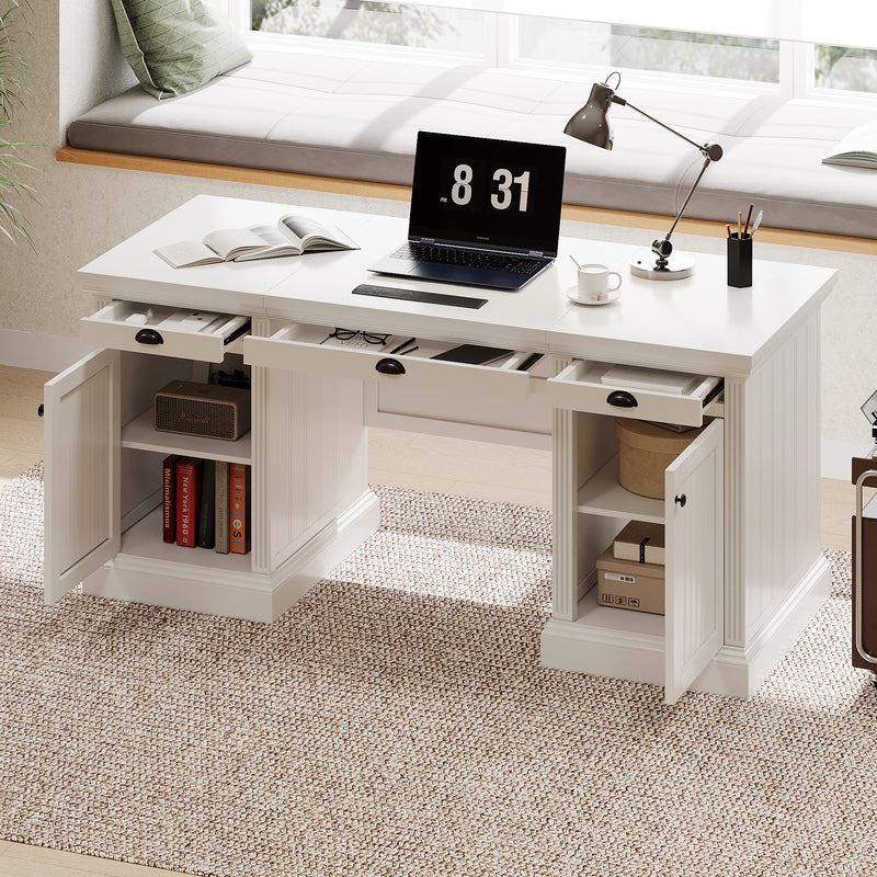67''Modern Executive Desk,Computer Desk with 2 Storage Cabinet and 3 Drawers, Rectangle Home Office Desk with back ,Reading Desk,Writing Table,Workstation for Home Office,Living Room,study,White