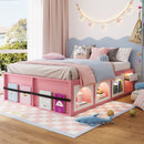 Queen Size Wooden Platform Bed with Bookshelf, Display Cabinet, LED Light and Drawer, Pink+White
