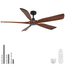 60' Modern Farmhouse American Black Walnut Solid Wood Ceiling Fan with Light and Remote Control, Noiseless, 6 Speeds Reversible, Quiet DC Ceiling Fans for Indoor or Covered Outdoor Use, ETL Listed