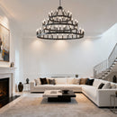 3 Tiers Wagon Wheel Chandelier  Farmhouse 54-Light(24+18+12) , Black Metal Chandeliers 3-Story Light Fixtures Industrial for High Ceiling Living Dining Room Foyer. Adjustable Height-E12