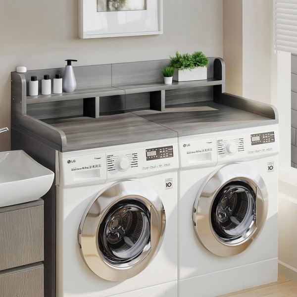 Washer Dryer Countertop with Non-slip Pads, Laundry Wood Shelf Topper with Edge, 54' Width x 27.5' Depth Double Layer Organizer for Washer and Dryer Laundry Hamper Counter Storage (GS) Big Deal Days