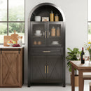 71' Tall Arched Kitchen Pantry Cabinet with Glass Door, Farmhouse Storage Pantry Cabinet with Adjustable Shelves & Barn Door Design for Kitchen, Living & Dining Room, Black