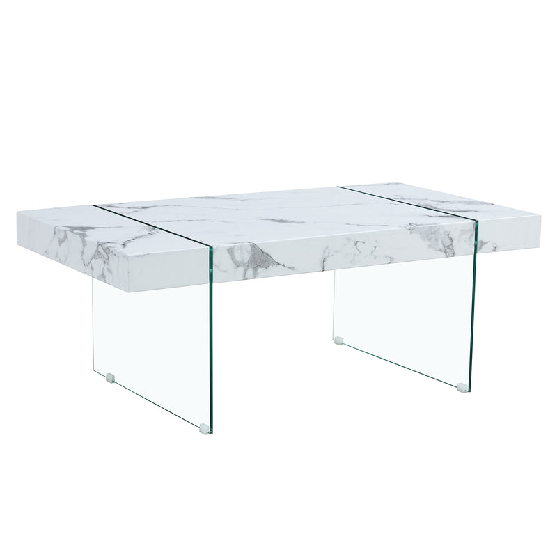 Modern white marble patterned MDF coffee table, paired with tempered glass table legs - can be designed with DIY stickers to unleash your creativity!