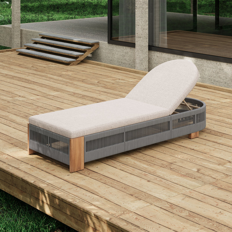 Outdoor Chaise Lounge Chair, Acacia wood Pool Chair with Adjustable Backrest and Cushion, Outdoor Lounge Chair for Beach, Yard, or Poolside (Grey rope)