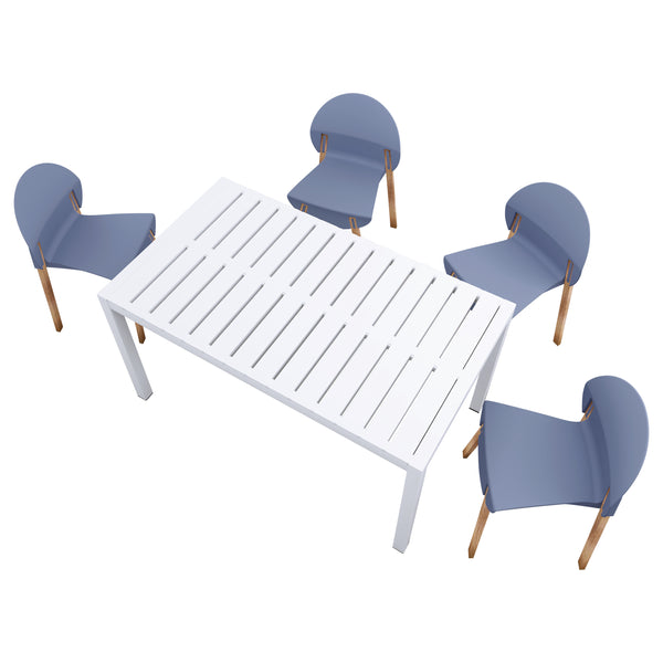 4-Pack Grey Blue Chairs – Red Oak Wood Legs & PP Seat with 55 Inch Indoor/Outdoor Multi-Purpose White Modern Long Table - Lightweight PP Tabletop with Metal Legs