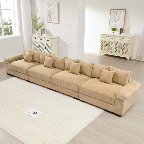 170' Oversized Cloud Modular Sectional Couch, Premium Corduroy 3-Seater Extra-Thick Armrests, Good Resilience Cushion, 12 Throw Pillows, Ergonomic Design, Easy Assembly,For Living Rooms,Camel