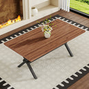 71 * 35.4 inch walnut MDF splicing desktop with X-shaped metal frame dining table. Modern industrial style multifunctional dining table for household dining, suitable for 6-8 people.