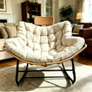 39.37'Papasan Rocking Chair Outdoor, Oversized Patio Egg Chair with Thick Cushion And Handwoven Rattan Head Pillow,Indoor Wicker Lounge Rocker Bed for Balcony, Porch, Garden, Khaki