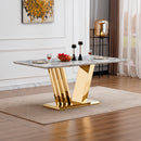 Marble Dining Table for 6 People, 70'' Rectangle Faux Marble Dining Table with Mirrored Finish Stainless Steel Base, Modern Large Size Marble Kitchen Table (Gold,Grey)(only table)