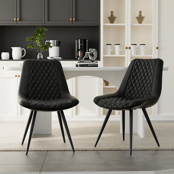 2-Pack Black PU Leather Dining Chairs - Diamond Stitch Ergonomic Design w/Iron Frame
