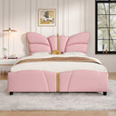 Full Size Upholstered PU Leather Bed Frame, with Butterfly Shaped Headboard and Footboard, Platform Bed Frame with Gold Metal decorations, No Box Spring Needed, Light Pink