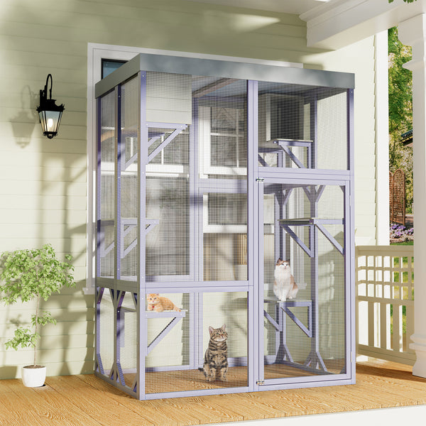 Outdoor Wooden Catio Multi-functional Cat Enclosure, 4 Platforms & 2 Napping Houses, 2 Strong Locks, Rounded Corner Design, Indoor Spacious Cage for Cats to Play Rest
