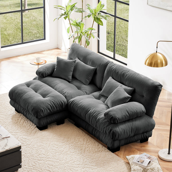 Cloud Couch Sectional Sofa for Living Room, Chenille 2 Seater Sofa with 2 Lumbar pillows and 2 throw pillows , Upholstered Wide Arm Sofa with Convertible Ottoman,Chenille Gray
