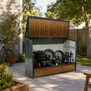 Wood Grain Galvanized Steel Storage Cabinet, Lift-Up Top & Foldable Front Door Large Capacity Tool Cabinet for Indoor, Garage & Backyard Use