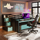 Full XL Loft Bed with Pull-Out Desk and Twin Trundle, Multi-Functional Bunk Bed with 2 Storage Drawers and Storage Steps, Space-Saving Gaming & Workstation Bedframe, Black+Blue