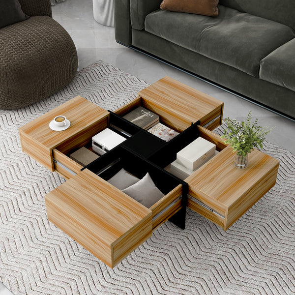ON-TREND Unique Design Coffee Table with 4 Hidden Storage Compartments, Square Cocktail Table with Extendable Sliding Tabletop, UV High-gloss Design Center Table for Living Room, 31.5'x 31.5'