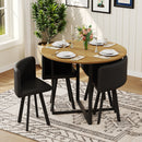 Rustic Round Dining Table and 4 PU Leather Chairs Set - 5 Piece Kitchen Table Set for Small Spaces, Apartment, Breakfast Nook, Wood Grain Finish, Black Chairs