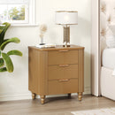 Mid-Century Fluted 3 Drawers Nightstand, Bedside Table with Curved Profile Design and Wide Gold Glossy Handles, End Table for Living Room, Bedroom, Easy Assembly, Natural