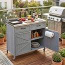 K&K 39.4' Outdoor Kitchen Island with Stainless Table Top, Outdoor Storage Kitchen Cabinet with One Large Drawer, Adjustable Shelves, Internal Storage Racks & 4 Wheels for Pizza Prep, Grey Blue