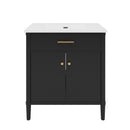 31' Bathroom Vanity with Sink, Soft-Close Doors and Adjustable Shelf, Curved Profile Design, Rubber Wood Legs, Black, MDF and Rubber Wood Construction