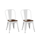 Set of 2 High Gloss White with Walnut Wooden Seat Industrial Metal Dining Chairs 18 Inch Seat Height Stackable, Indoor Outdoor, Lightweight Easy-Clean Surface, Easy Assembly, Durable Modern Design
