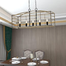 5 Lights Chandelier, Farmhouse Rectangular Pendant Light, Rustic Hanging Light Fixture, Adjustable Chain for Living Room, Dining Room, Kitchen Island, Wood Grain & Black