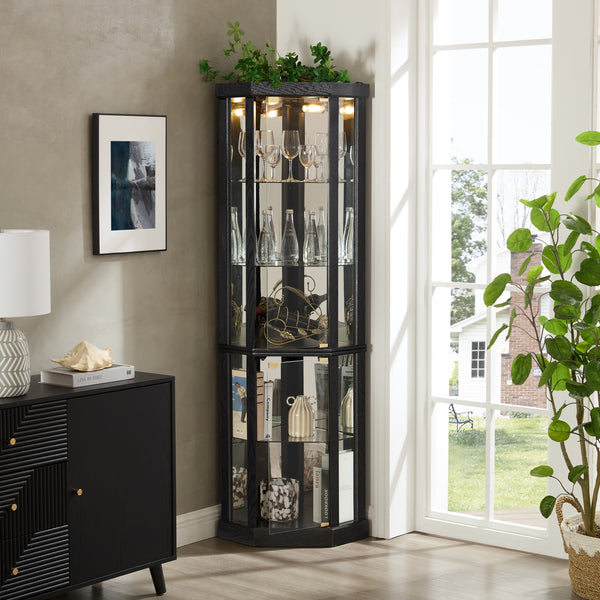 Lighted Corner Curio Cabinet - Elegant Glass Display Case for Living Room & Bar Storage - Perfect for Antique Collections & Wine - Includes Built-in Lighting - BLACK