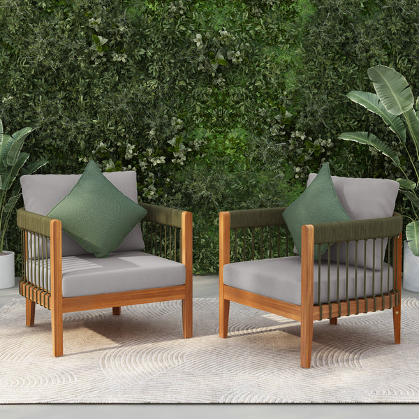 [Set of 2] Acacia Wood Outdoor Club Chair with Handwoven Rope Accents & Curved Backrest - Water-Resistant Boho Patio Lounge Chair with Removable Cushions for Porch, Garden