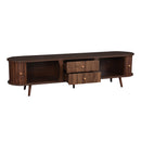 Mid Century Modern 70 Inch TV Stand with Tambour Doors and Fluted Drawers in Dark Brown Wood-Grain Finish, MDF and Solid Wood Construction