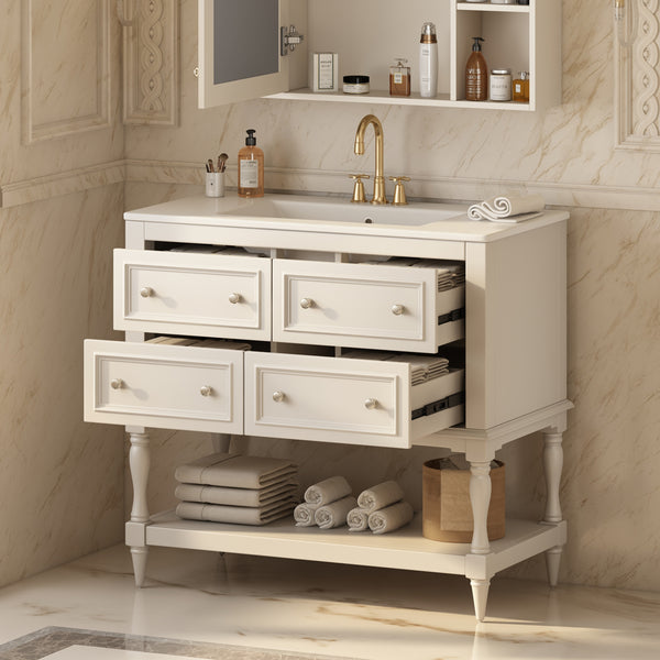 36' Bathroom Vanity Cabinet with Sink Combo Set, Undermount Ceramic Sink, Free Standing Vanity Set with 4 Drawers, Solid Wood Frame Bathroom Cabinet, Beige