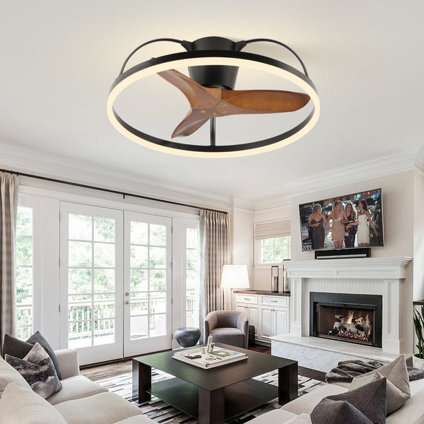 Solid Wood Blade Ceiling Fan with Light and Remote – 24in Low-Profile Design, 3000-6000K Dimmable Modern Flush-Mount LED Fan Light, Fandelier for Bedroom, Kitchen, Living Room