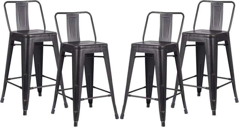 24' Sanded Matte Black Industrial Contemporary Rustic Metal Barstools with Bucket Back, Set of 4