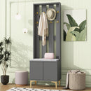 ON-TREND Modern Luxury 4-in-1 Hall Tree with Cushion, Versatile Coat Rack with 8 Gold Hooks and Legs, Entryway Bench with Adjustable Shelves & Fluted Doors for Hallway, Living Room, Grey, 23.6'*70.8'
