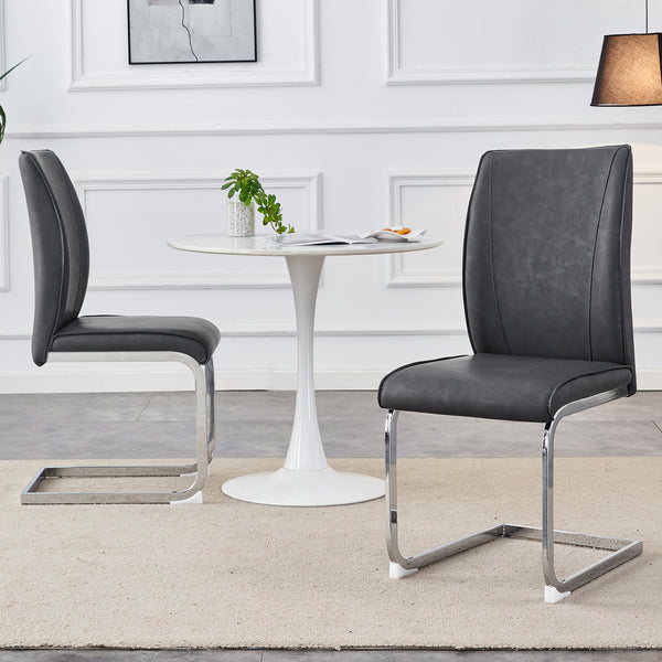 Luxury Simple Arch Chair - Set of 2 Dark Gray PU Material High Resilience Dining Chair with Arched Metal Silver Leg.Crazy Horse Texture PU Dining Chairs.W1151P154867