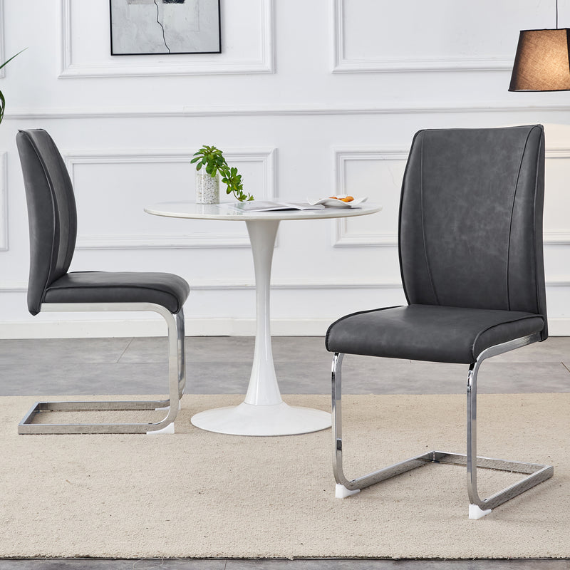 Luxury Simple Arch Chair - Set of 2 Dark Gray PU Material High Resilience Dining Chair with Arched Metal Silver Leg.Crazy Horse Texture PU Dining Chairs.W1151P154867