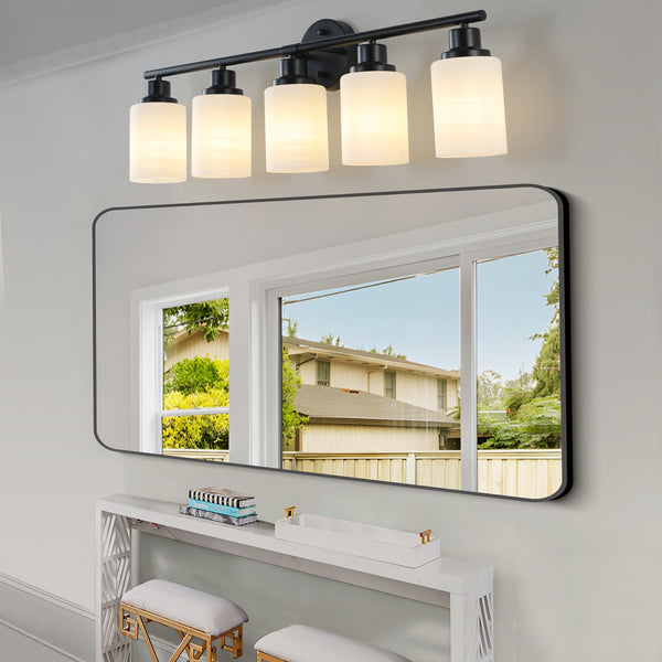 31' Modern 5-Light Vanity Bathroom Mirror Light, Frosted White Glass with Black Iron Frame, Contemporary Wall Sconce for Bedroom, Bathroom, and Dressing Room (Bulb Not Included)
