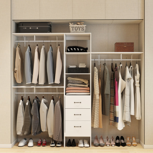96 Inches Closet System, 8FT Walk In Closet Organizer with 3 Adjustable Shelves & 3 Expandable Hanger Rods & 3 Drawers, Built-In Garment Rack, 96'L x 16'W x 82'H, Load 1000 LBS-White