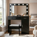 Vanity Desk with Mirror, Large Drawer and Power Socket with 11 Light Bulbs and 3 Adjustable Lighting Modes, Vanity Table Ideal for Bedroom (Black)