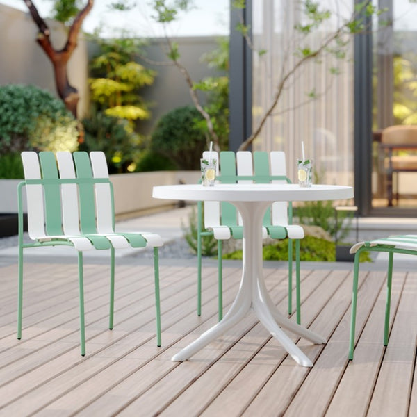 4-Pack Modern Striped Color Block Chairs - Waterproof PP Seat & Sturdy Metal Legs(White & Green) with 36 Inch Indoor/Outdoor Modern White Round PP Table