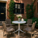 4pcs Warm Grey Stackable PP Armchair for Indoor/Outdoor Use – Ergonomic Slatted Back with 36 Inch Indoor/Outdoor Modern White Round PP Table