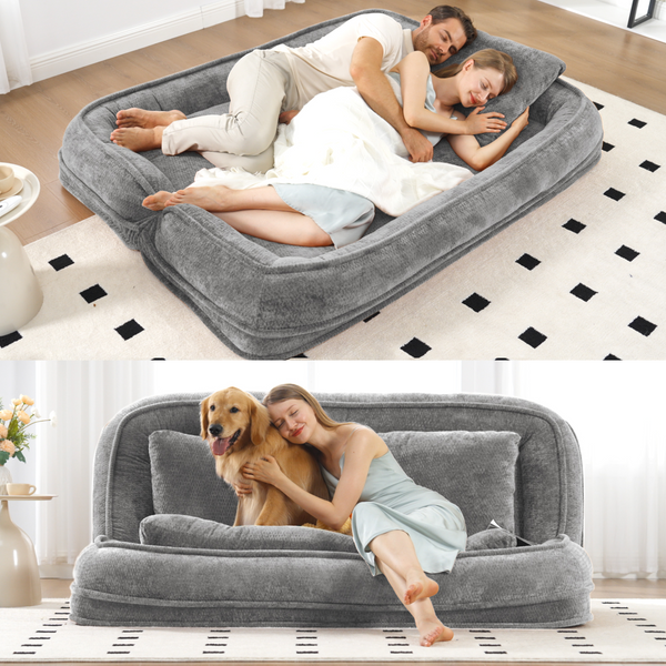 [NEW ARRIVED] [VIDEO PROVIDED] Double human dog bed,Lazy sofa ,Loveseat,Fits You & Pets,Extra Large Floor Couch,Can sit or lie down,2-in-1,5 Adjustable Position, Plump Pillow,2 Seat,Chenille,Gray