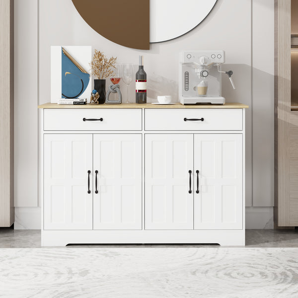 47.95' Farmhouse Buffet Cabinet Storage Sideboard with 2 Drawers and 4 Doors for Dining Living Room Kitchen Cupboard-White