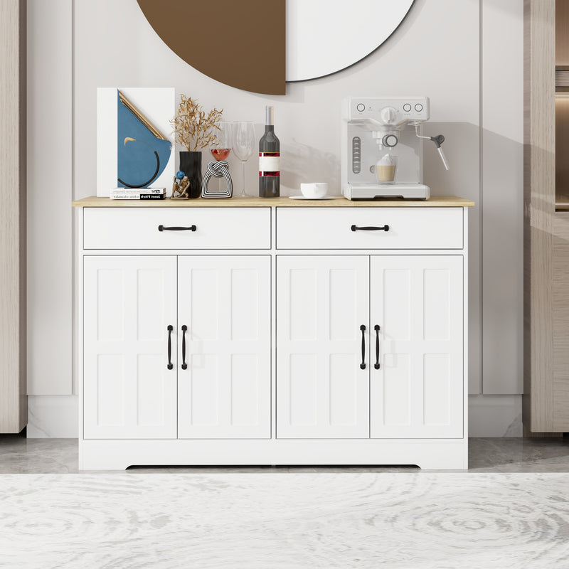 47.95' Farmhouse Buffet Cabinet Storage Sideboard with 2 Drawers and 4 Doors for Dining Living Room Kitchen Cupboard-White