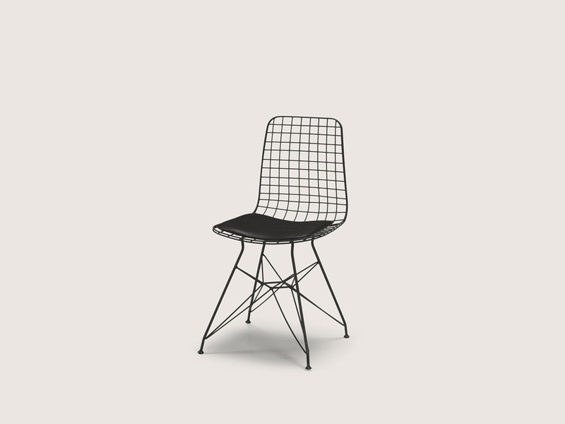 Zen Wire Modern Chair, Black Metal, Black Leather Cushions, Ergonomic and Comfortable Design