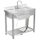 Stainless Steel Outdoor Utility Sink with Workbench & Storage Shelf, Freestanding Prep Table with Left Drawer, 39' Garden Patio Sink Station with 360° Hot & Cold Water Faucet in Silver